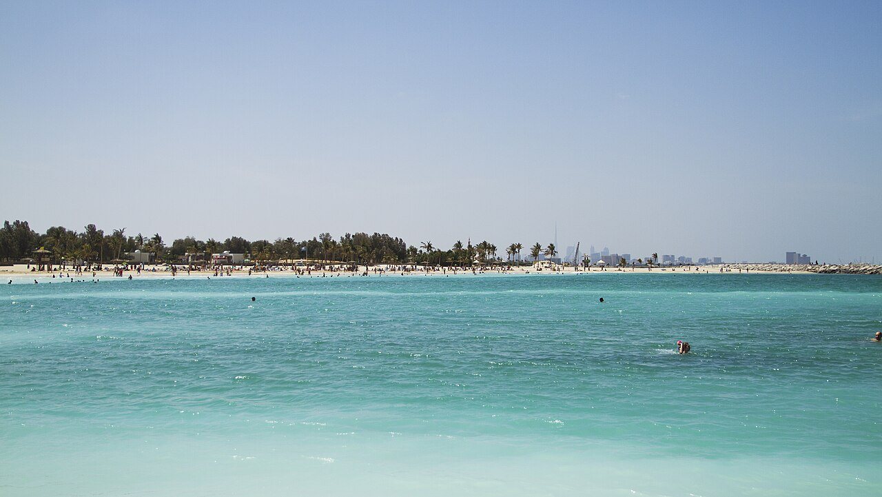 Al Mamzar coastal scenery near Dubai Islands; not a photograph of Dubai Islands Beach