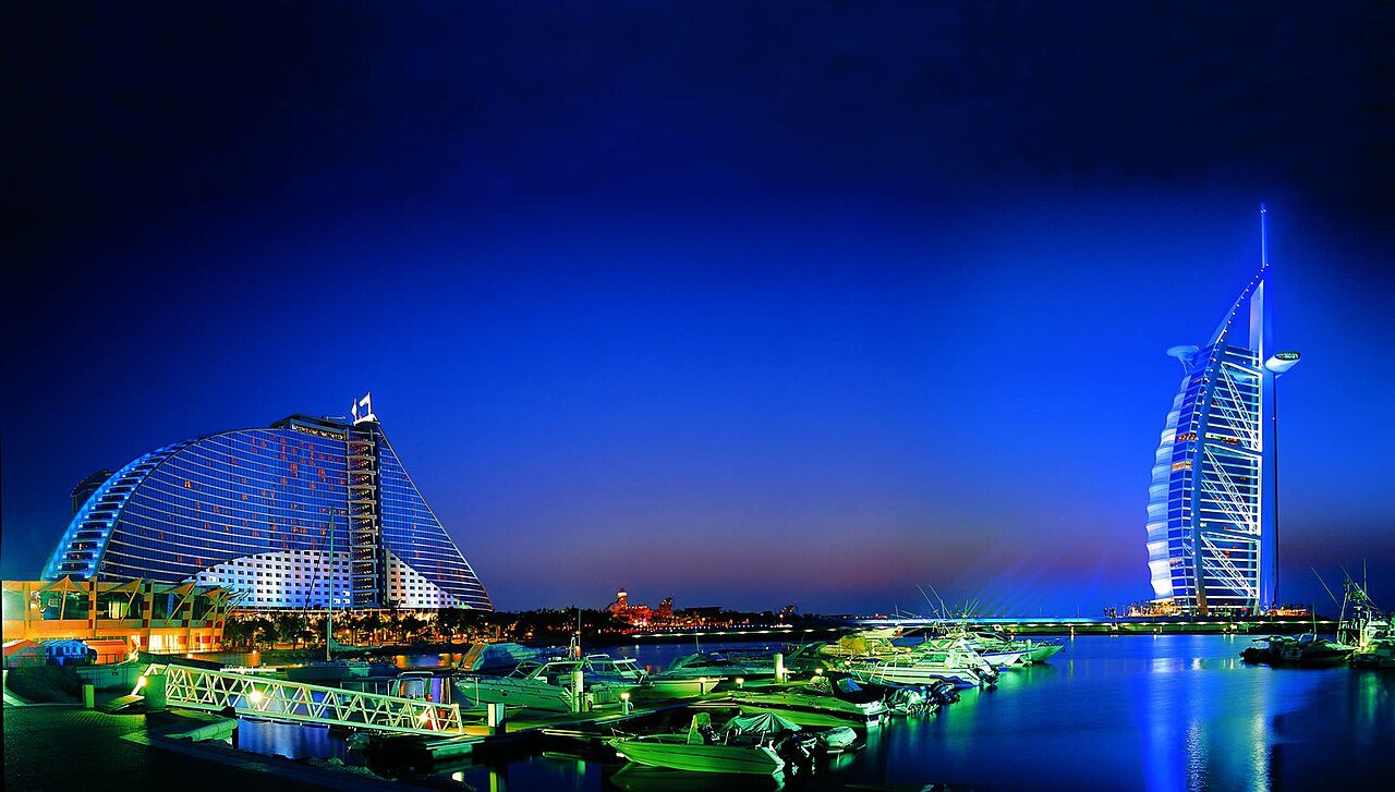 Burj Al Arab and Jumeirah coastline; nearby scenery for Sunset Beach, not a confirmed photograph of its public swimming section