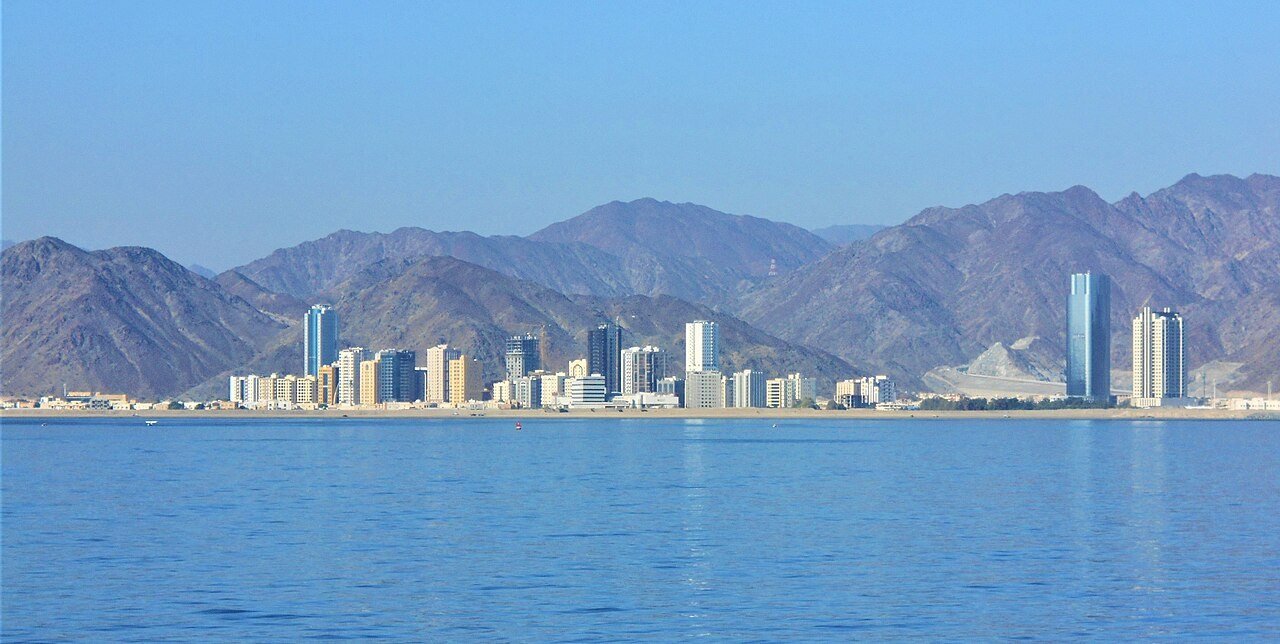 Fujairah city and Hajar mountain scenery; not the mosque
