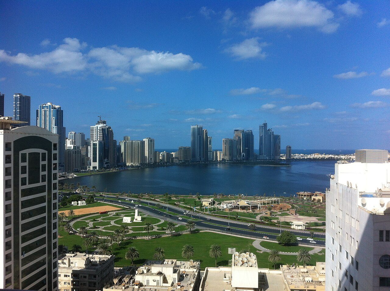 Historical Sharjah waterfront cityscape; not the House of Wisdom